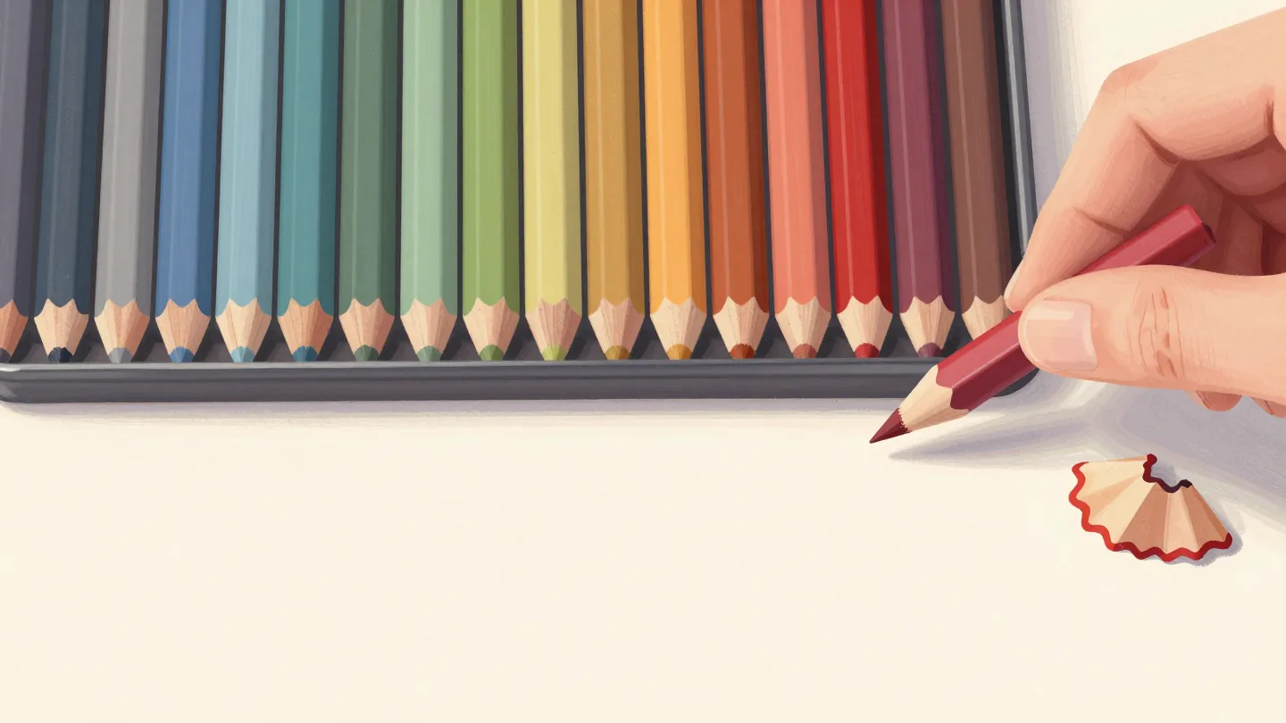 A hand placing the last red pencil into a tin of pencils sorted by color
