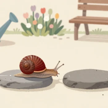 A garden snail carries its shell from one wet stepping stone to the next, a silver trail behind it.