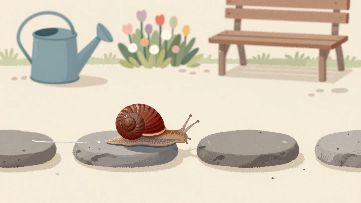 A garden snail carries its shell from one wet stepping stone to the next, a silver trail behind it.