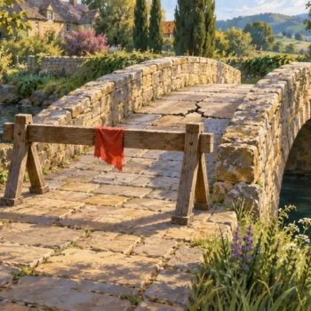 A plain wooden barrier with a red cloth stands before a stone garden bridge over a stream.