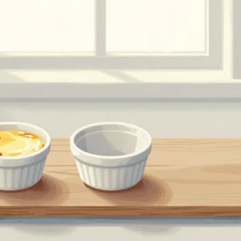 Gouache painting: on a long breakfast board three places are laid in a row