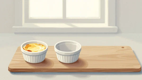 Gouache painting: on a long breakfast board three places are laid in a row