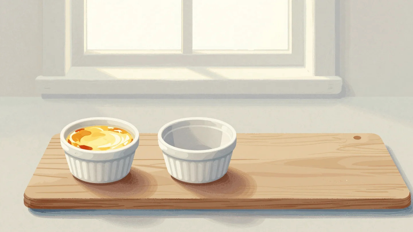 Gouache painting: on a long breakfast board three places are laid in a row