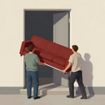 Movers measuring a narrow doorway before carrying a red sofa through