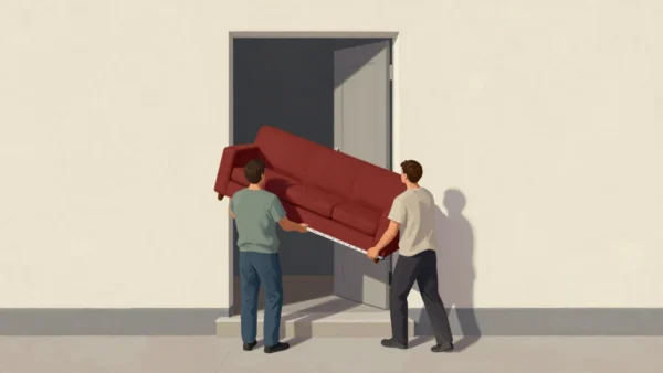 Movers measuring a narrow doorway before carrying a red sofa through