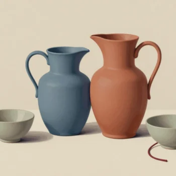 Two upright blue and terracotta pitchers beside two pale sage bowls and a short red cord.