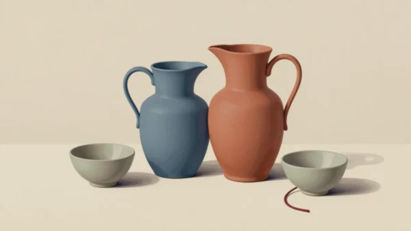 Two upright blue and terracotta pitchers beside two pale sage bowls and a short red cord.