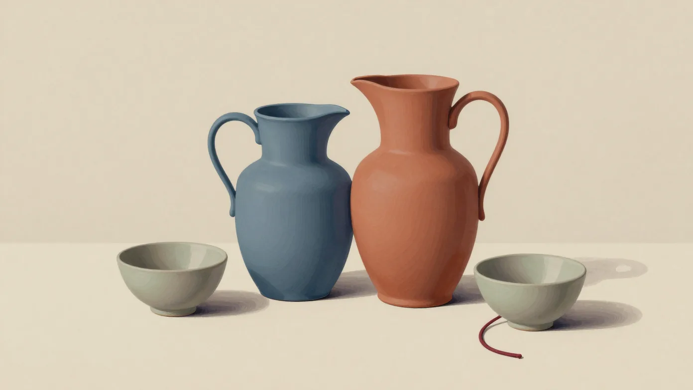 Two upright blue and terracotta pitchers beside two pale sage bowls and a short red cord.
