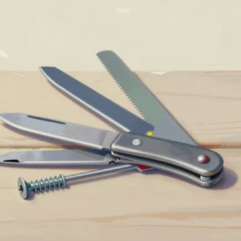 An open folding pocket tool on a wooden table with a knife, screwdriver, small saw and awl fanned out