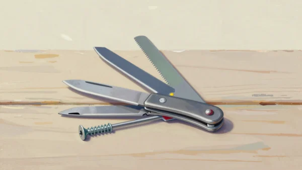 An open folding pocket tool on a wooden table with a knife, screwdriver, small saw and awl fanned out