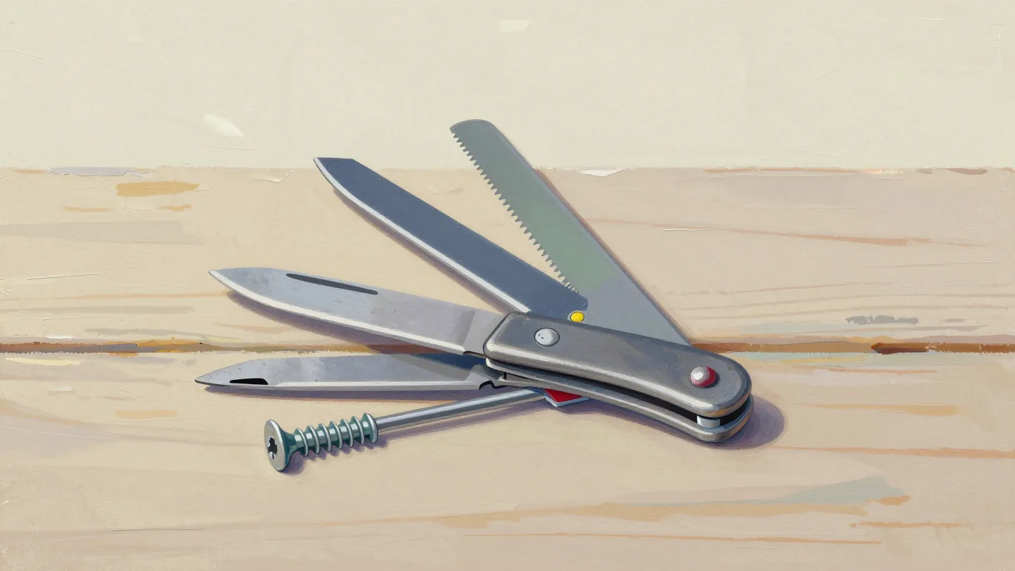 An open folding pocket tool on a wooden table with a knife, screwdriver, small saw and awl fanned out