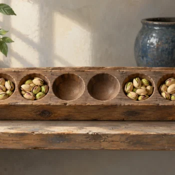 Pistachios fill six cavities of a wooden mold while two middle cavities remain empty.
