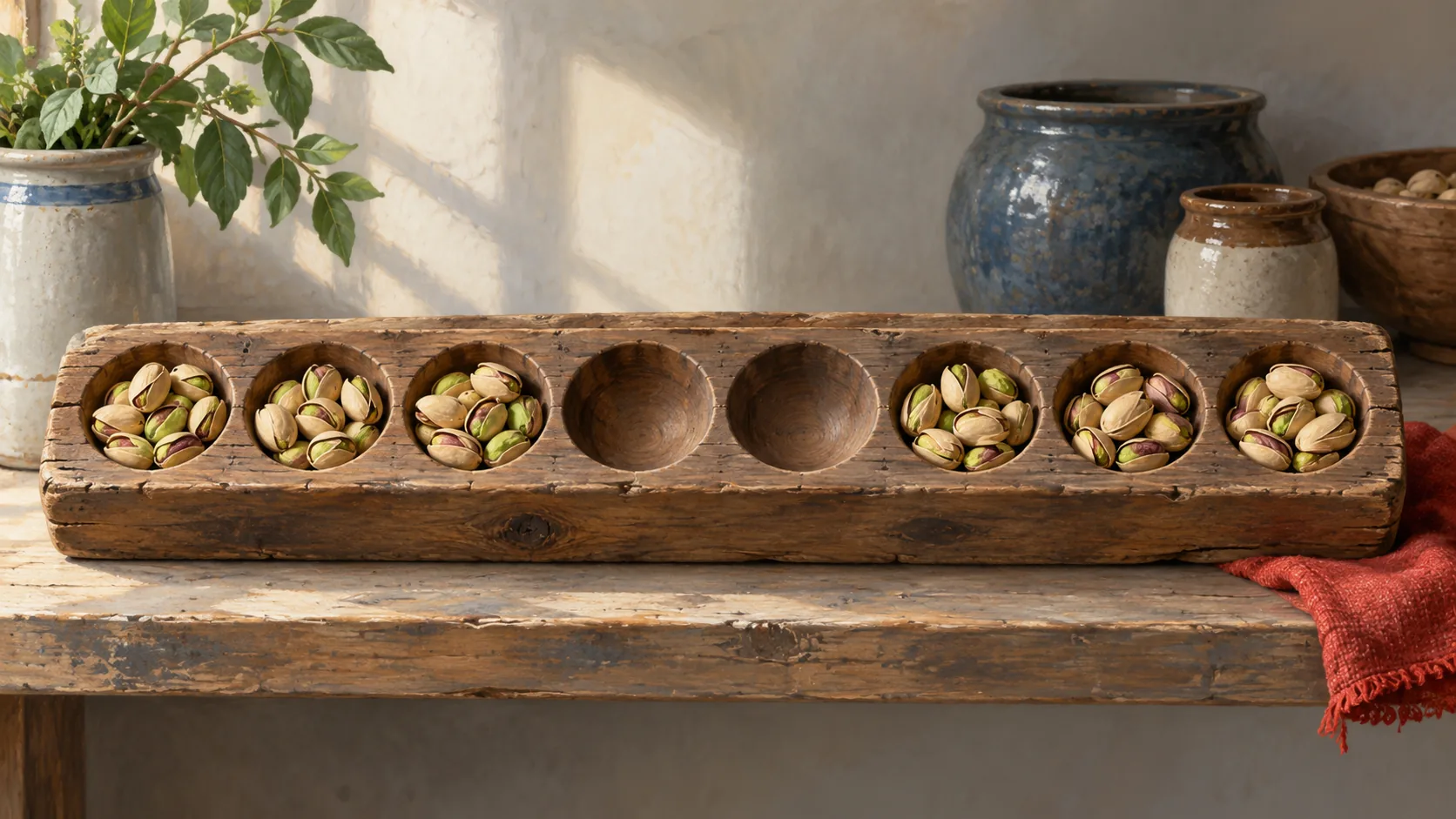 Pistachios fill six cavities of a wooden mold while two middle cavities remain empty.