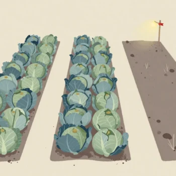 Gouache painting: three long raised garden rows run away from the viewer, two planted with round cabbages and the third bare soil