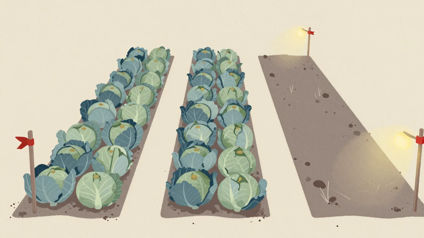 Gouache painting: three long raised garden rows run away from the viewer, two planted with round cabbages and the third bare soil