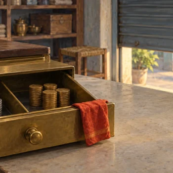 An open brass cash drawer holds undisturbed coin stacks as a shop shutter is lowered.