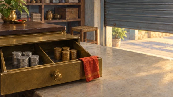 An open brass cash drawer holds undisturbed coin stacks as a shop shutter is lowered.