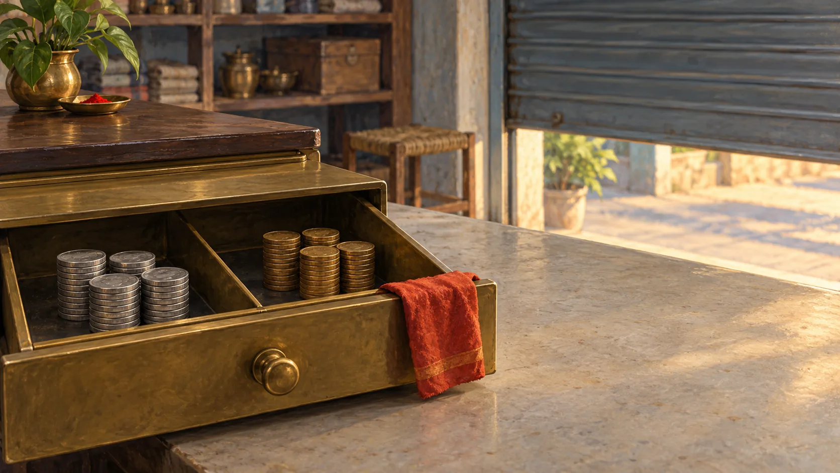 An open brass cash drawer holds undisturbed coin stacks as a shop shutter is lowered.