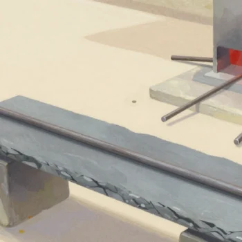 Gouache painting: on a smith's slate bench, one long iron bar lies between two stone blocks