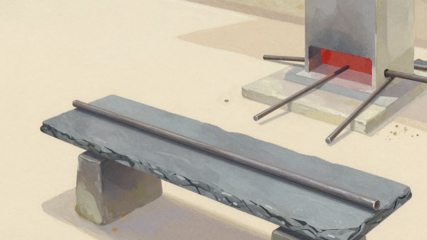 Gouache painting: on a smith's slate bench, one long iron bar lies between two stone blocks