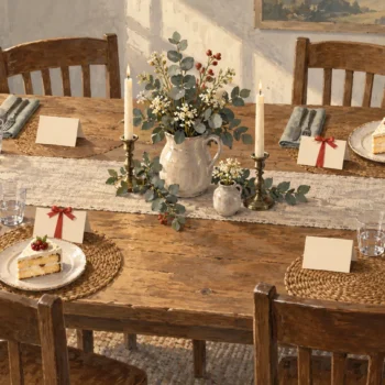 Four places at a wooden table, with cake at two ribbon-marked cards and a hand lowering the second plate.