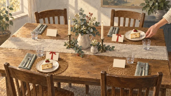 Four places at a wooden table, with cake at two ribbon-marked cards and a hand lowering the second plate.