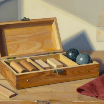 An open wooden specimen case holds cylinders, small blocks and polished stone spheres in separate compartments.