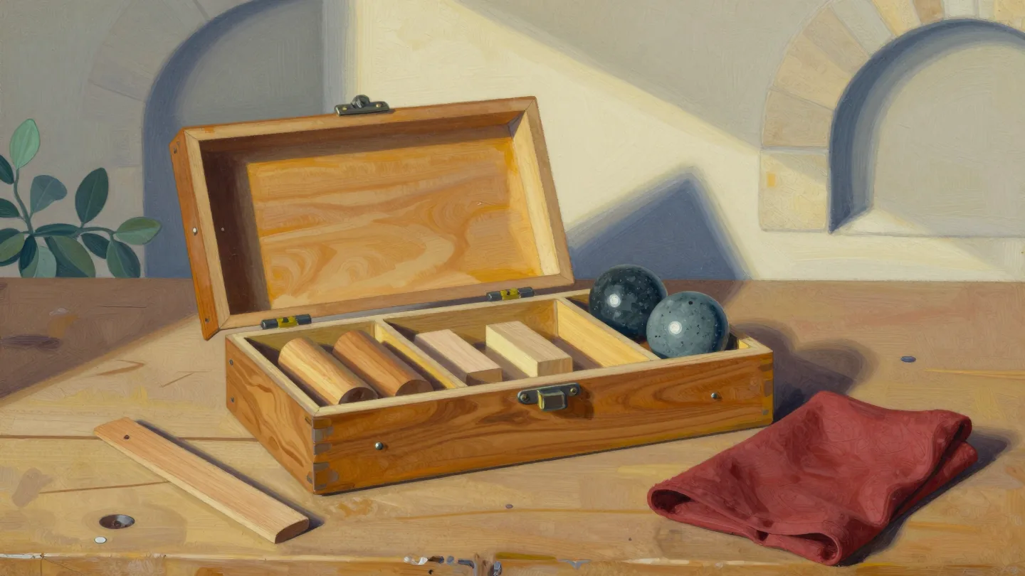 An open wooden specimen case holds cylinders, small blocks and polished stone spheres in separate compartments.
