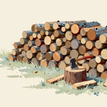 A tall woodpile against a cottage wall with space left for more, an axe in the chopping block, frost on the grass.