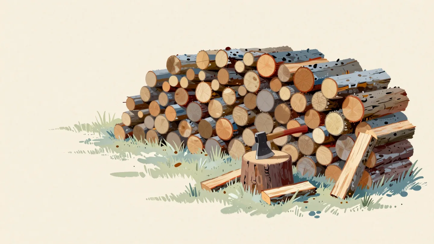 A tall woodpile against a cottage wall with space left for more, an axe in the chopping block, frost on the grass.