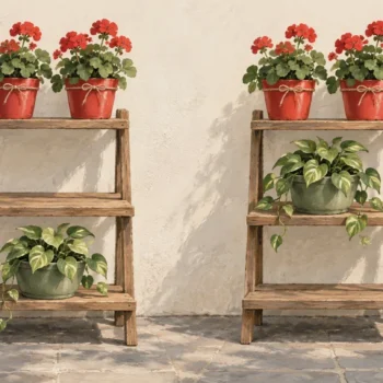 Matching red flower pots at tied heights and a gap in one ranking rack.