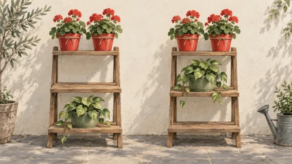 Matching red flower pots at tied heights and a gap in one ranking rack.