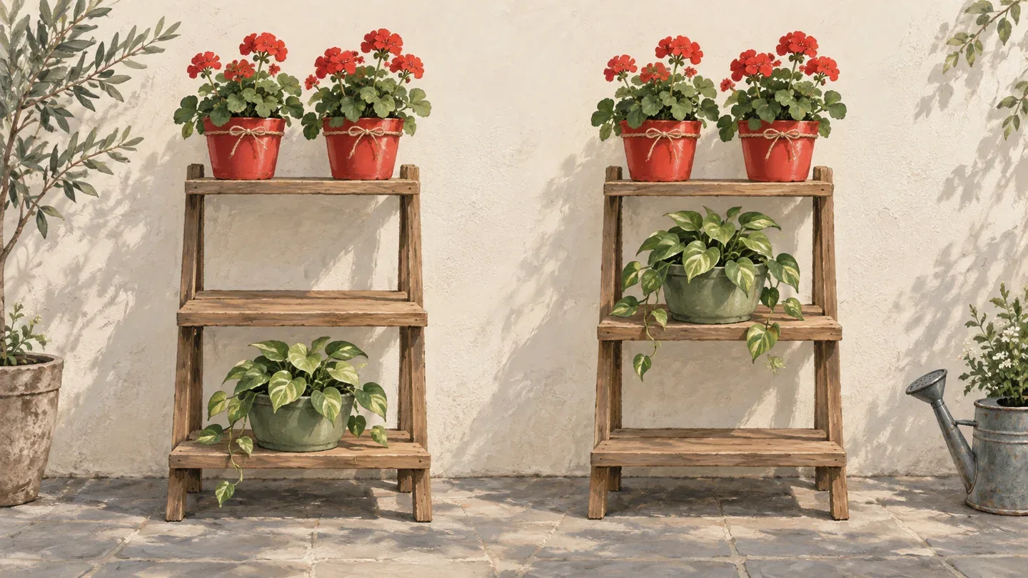 Matching red flower pots at tied heights and a gap in one ranking rack.