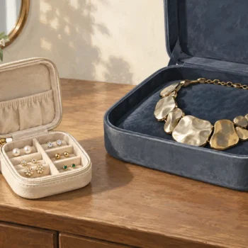 Tiny earrings fit a small travel pouch while a bulky necklace rests in a larger case.
