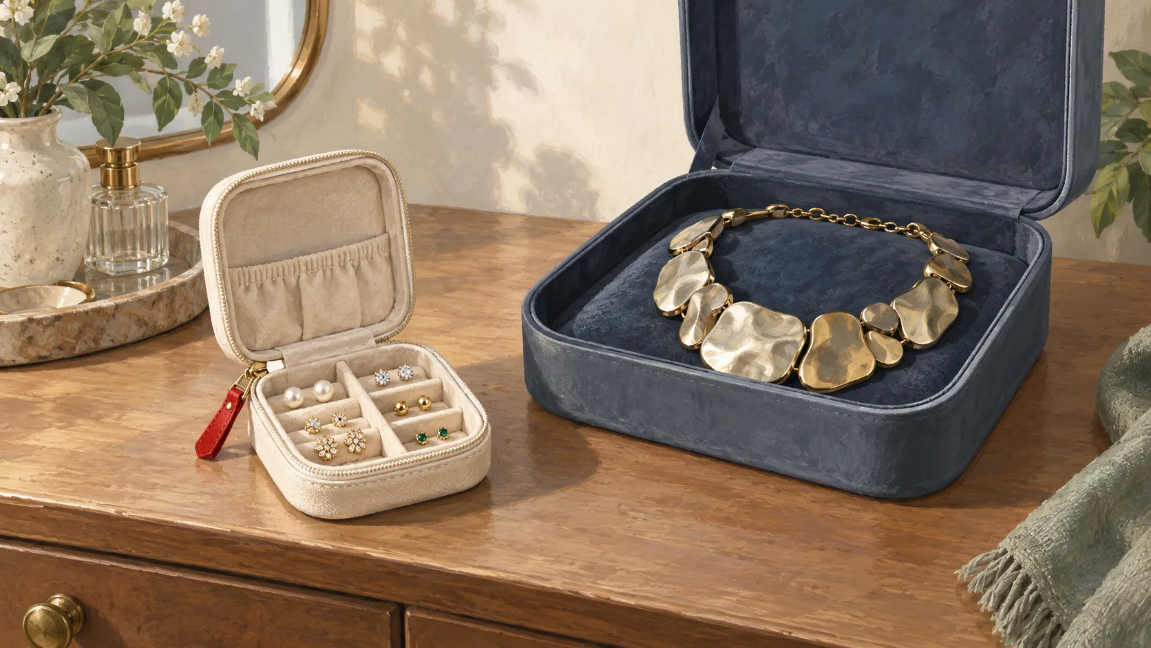 Tiny earrings fit a small travel pouch while a bulky necklace rests in a larger case.