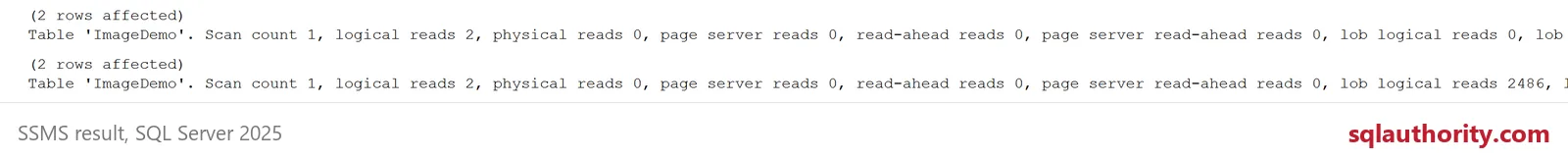 Native IO messages show LOB logical reads 0 for the first query and 2486 for the second.