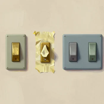 A row of old brass light switches, one held in the up position by a strip of yellowed, curling tape.