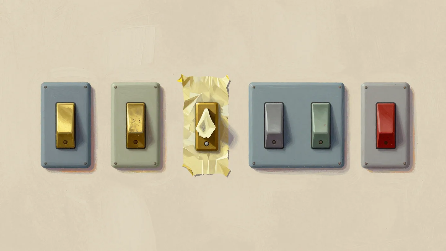 A row of old brass light switches, one held in the up position by a strip of yellowed, curling tape.