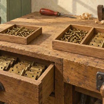 A hardware bench contrasts screws stored apart from hinges with a divided tray holding both together.