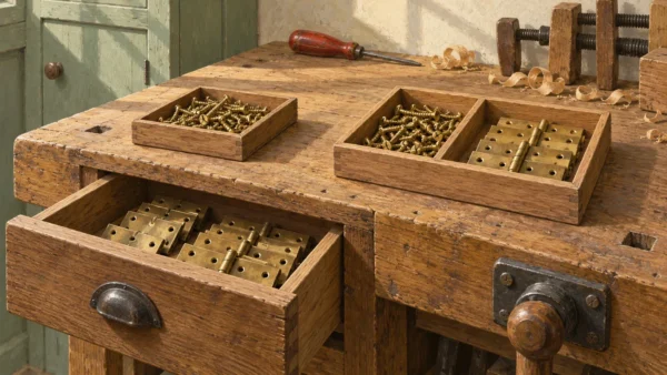 A hardware bench contrasts screws stored apart from hinges with a divided tray holding both together.