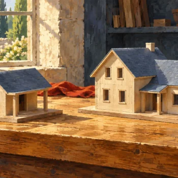 A small wooden model house and a larger model with joined roofs and a porch on a sunlit bench.
