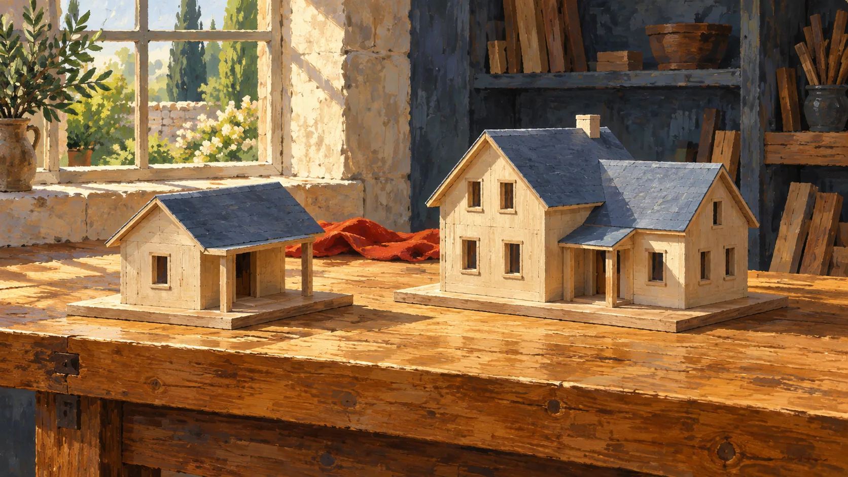A small wooden model house and a larger model with joined roofs and a porch on a sunlit bench.
