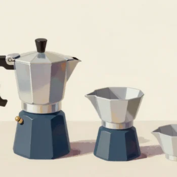 Gouache painting: on a kitchen counter one moka pot stands fully assembled from its three parts: base, funnel basket and top chamber
