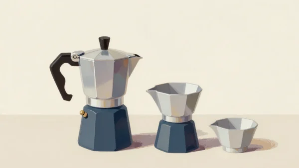 Gouache painting: on a kitchen counter one moka pot stands fully assembled from its three parts: base, funnel basket and top chamber