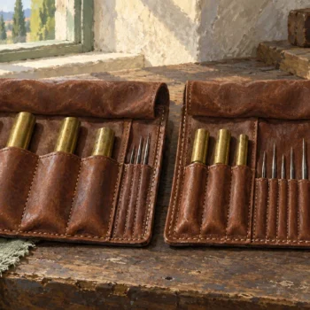 Coarse brass rods and fine needles stored in separate leather tool rolls.