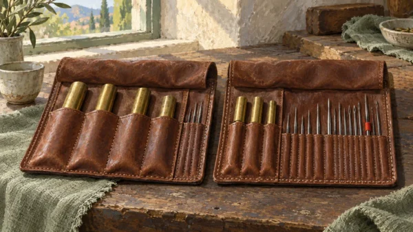 Coarse brass rods and fine needles stored in separate leather tool rolls.