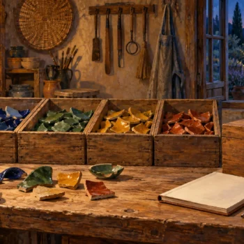 Blue, green, yellow and terracotta pottery fragments fill separate wooden compartments on a workshop bench.
