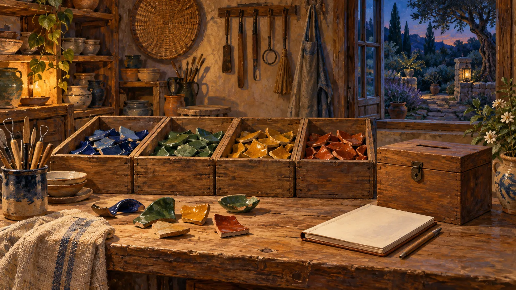 Blue, green, yellow and terracotta pottery fragments fill separate wooden compartments on a workshop bench.
