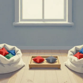 Gouache painting: on a wooden floor, two open cloth sacks hold small square bean bags in red, blue, green and gray