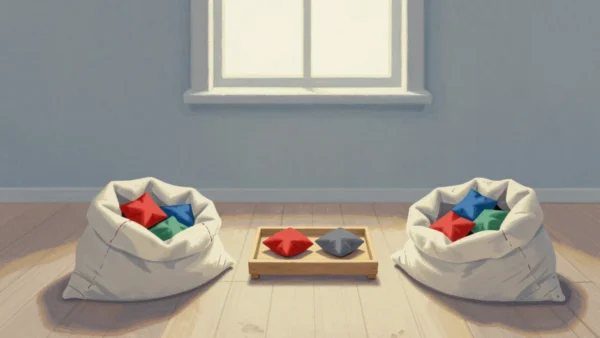 Gouache painting: on a wooden floor, two open cloth sacks hold small square bean bags in red, blue, green and gray